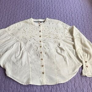 Anthropologie Cream Eyelet Button-Front Boho Blouse XS NWT